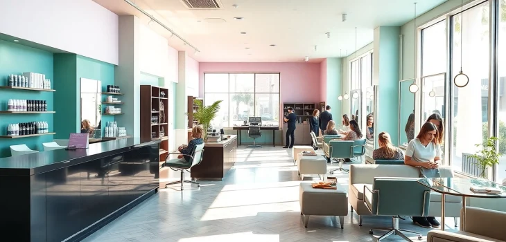 Omnia salon interior showcasing modern styling stations and Aveda products in a relaxing atmosphere.