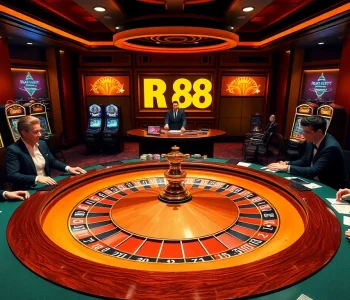 Experience high-stakes gambling with RR88 at a luxurious casino featuring roulette and vibrant players.