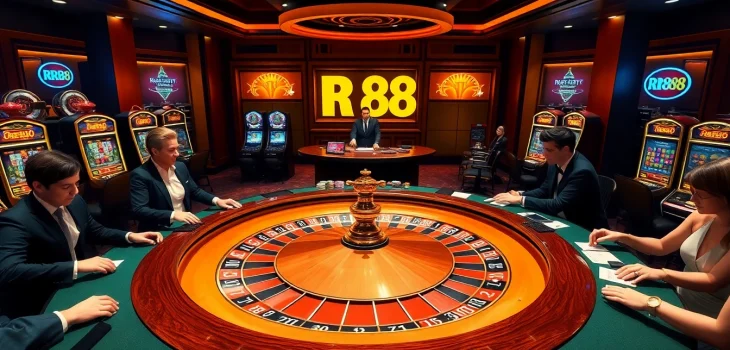 Experience high-stakes gambling with RR88 at a luxurious casino featuring roulette and vibrant players.