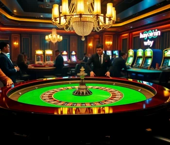 Experience the excitement of hay win at a luxurious casino with gamblers and a roulette table.