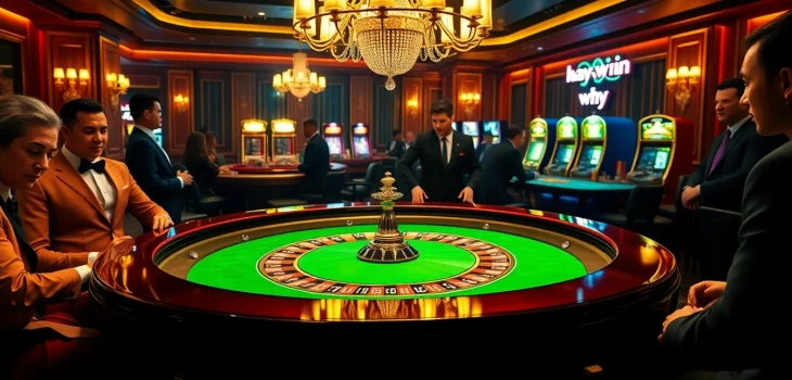 Experience the excitement of hay win at a luxurious casino with gamblers and a roulette table.