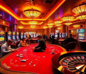 Players enjoying a thrilling poker game at mb66 casino, surrounded by vibrant slot machines and roulette wheels.