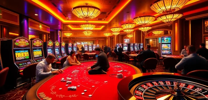 Players enjoying a thrilling poker game at mb66 casino, surrounded by vibrant slot machines and roulette wheels.