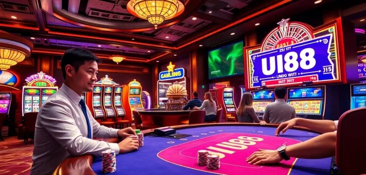 Engage in an exciting poker game at UU88 casino, showcasing vibrant poker chips and digital betting interfaces.