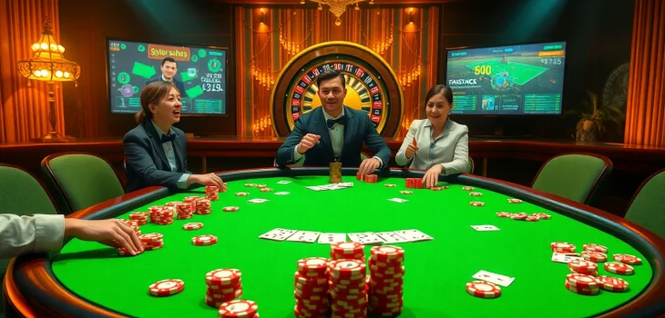 Players enjoy engaging games on the 33win online gambling platform, surrounded by vibrant casino elements.