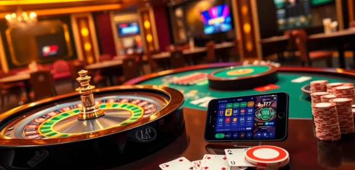 Capture the excitement of app Lô Đề on a luxurious casino table with vibrant chips and cards.
