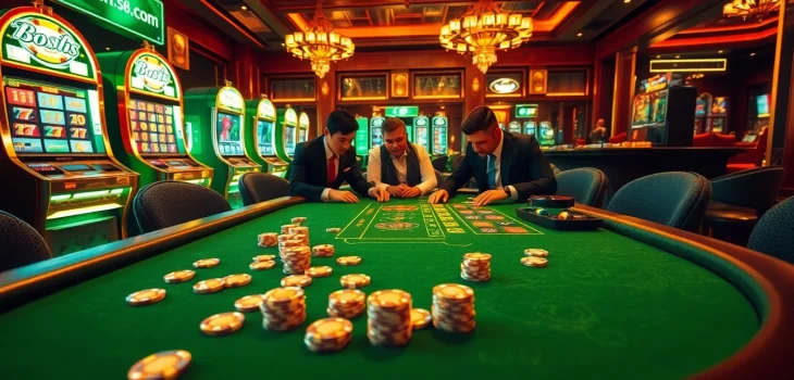 Professional players strategizing at 58win.com poker table in an upscale casino.