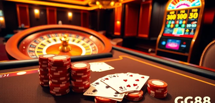 Engage in high-stakes gaming at GG88 with vibrant chips, cards, and a glowing roulette wheel.
