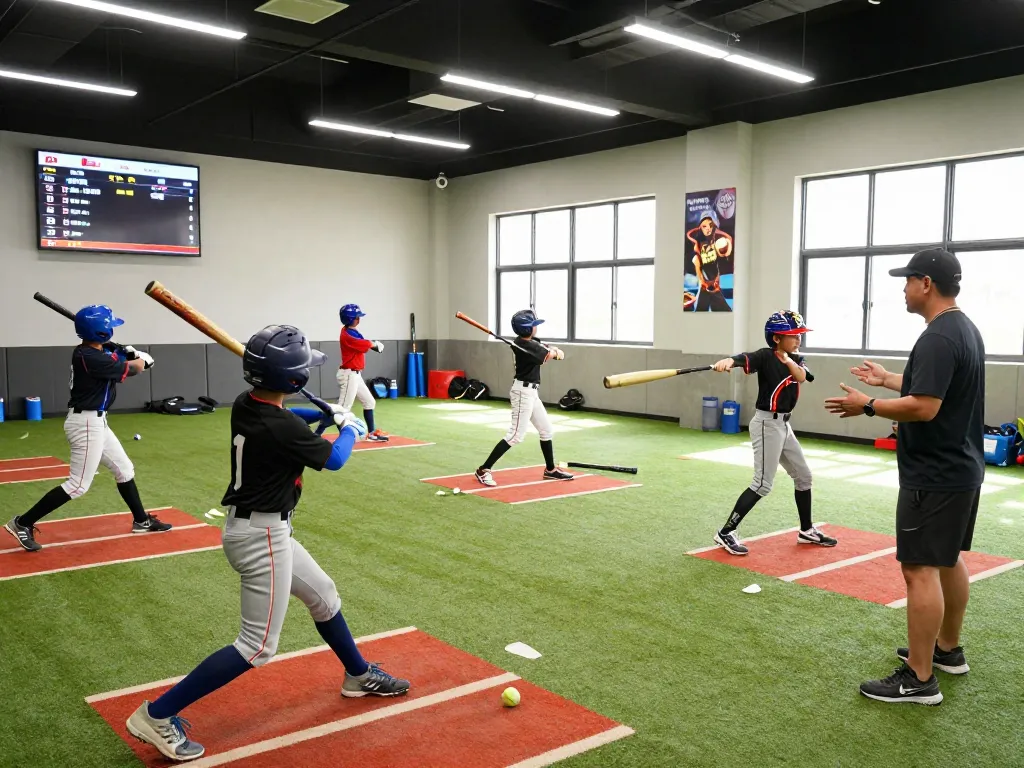 Youth athletes training at HitClub indoor baseball facility.