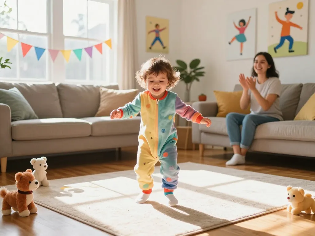 Cute baby dance video featuring a toddler in colorful onesie dancing joyfully in a sunny living room