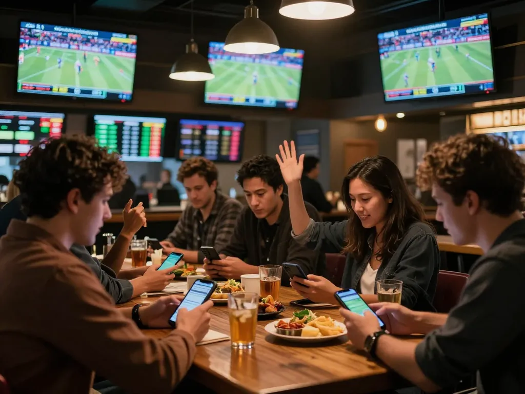 Excited patrons betting on sports at bar, showcasing the engaging ok8386 gambling experience