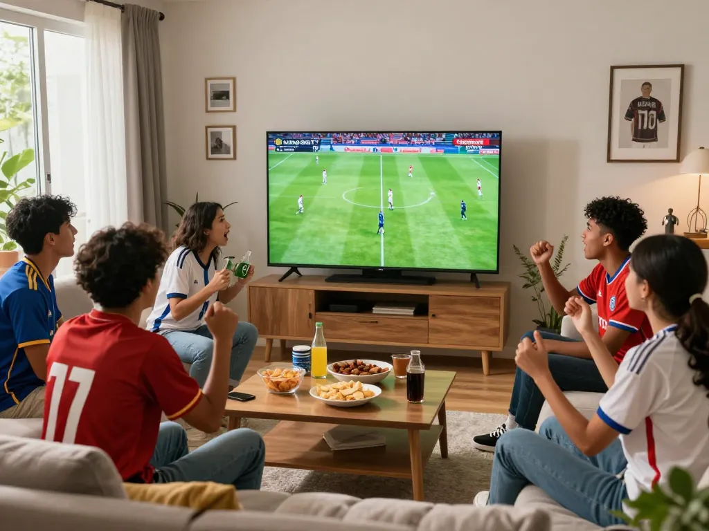 Exciting soccer match on Luong Son TV with friends cheering and enjoying snacks in a vibrant living room.